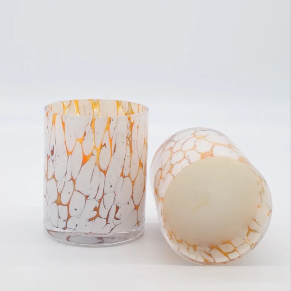 Zorza Orange and White Hand Blown in Poland Decorative Candle Set